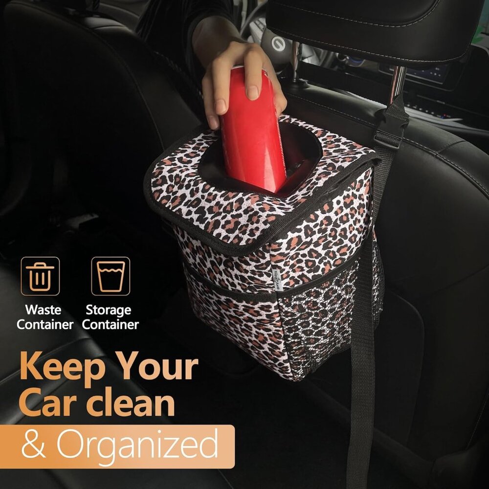 Car Cup Holder Coaster & Back Seat Trash Bin with Storage Pockets - Leopard Prin - Picture 4 of 7